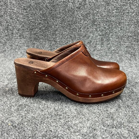 UGG Abbie Clogs Women's Size 7 Brown Leather Studded Sleek Heeled Mules Shoes - Picture 1 of 12
